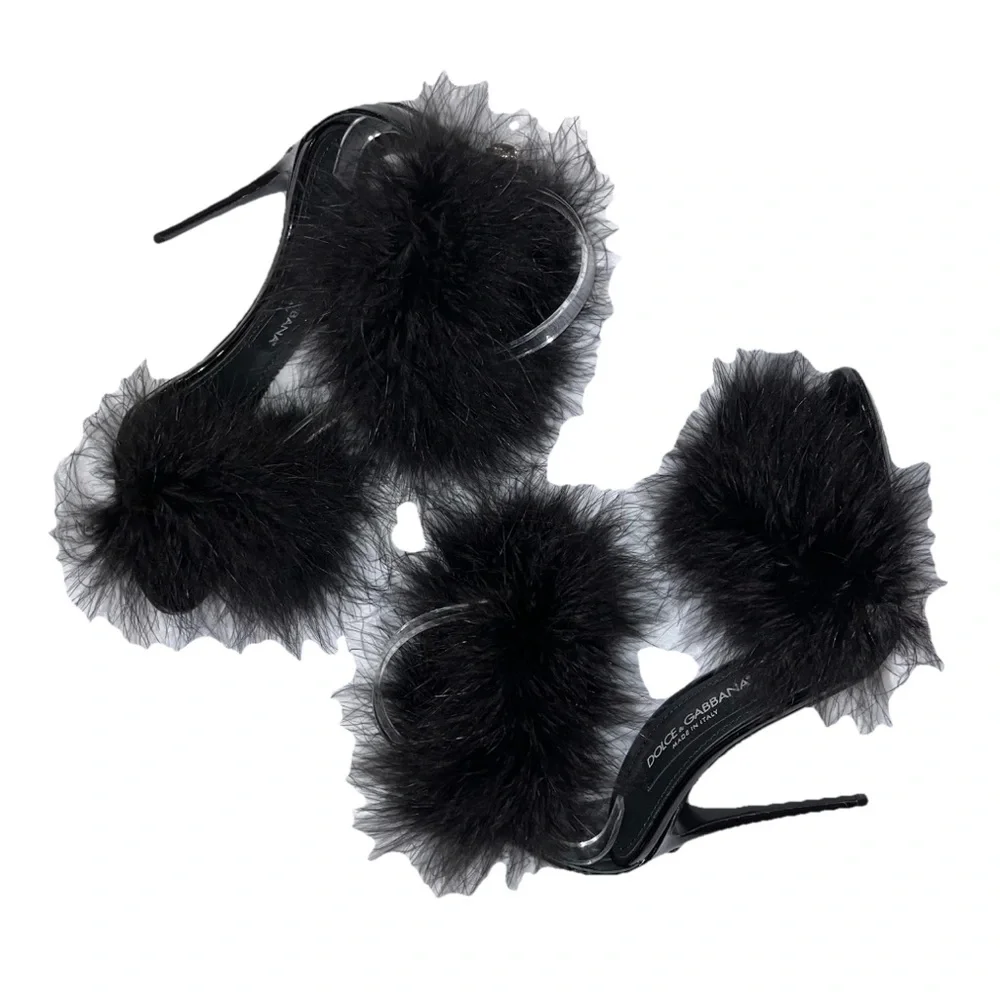 DOLCE & GABBANA Keira sandal heel black feather EU 37 105mm leather cocktail new - Picture 6 of 10